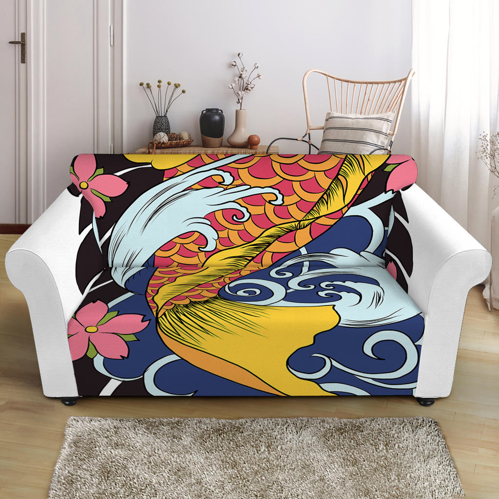 Japanese Koi And Flower Tattoo Print Loveseat Slipcover