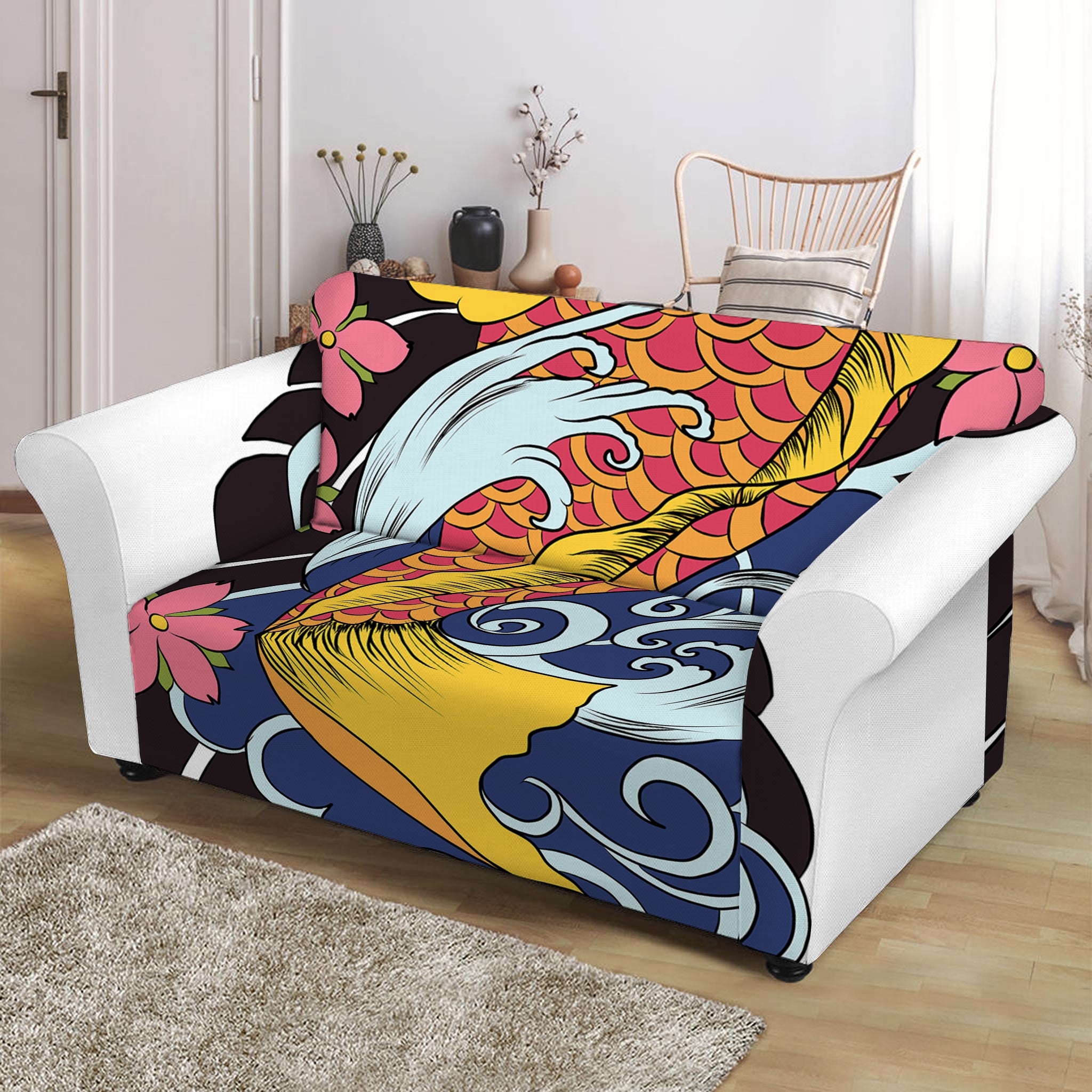 Japanese Koi And Flower Tattoo Print Loveseat Slipcover