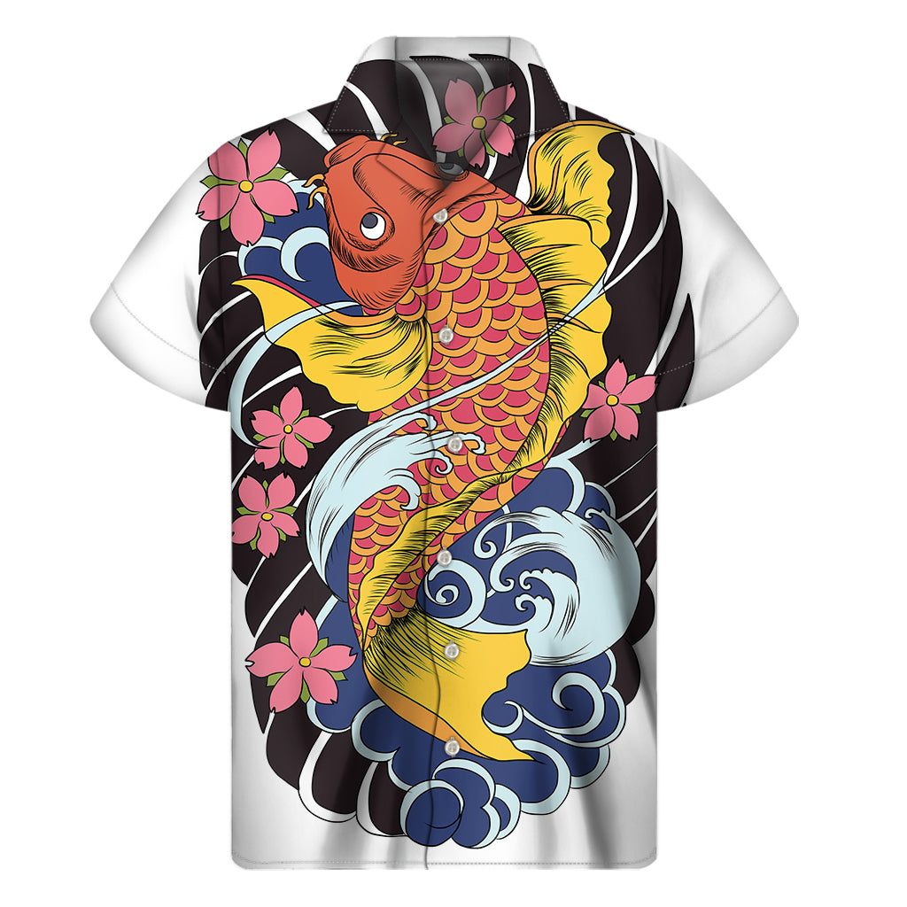 Japanese Koi And Flower Tattoo Print Men's Short Sleeve Shirt