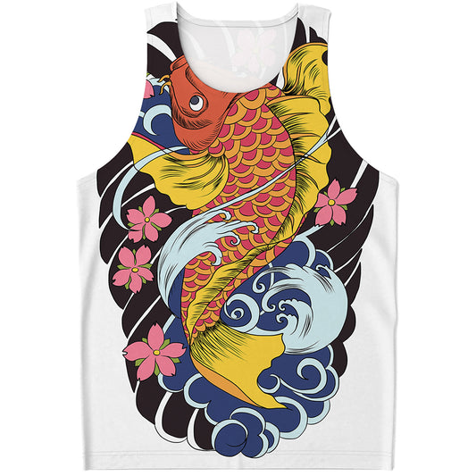 Japanese Koi And Flower Tattoo Print Men's Tank Top