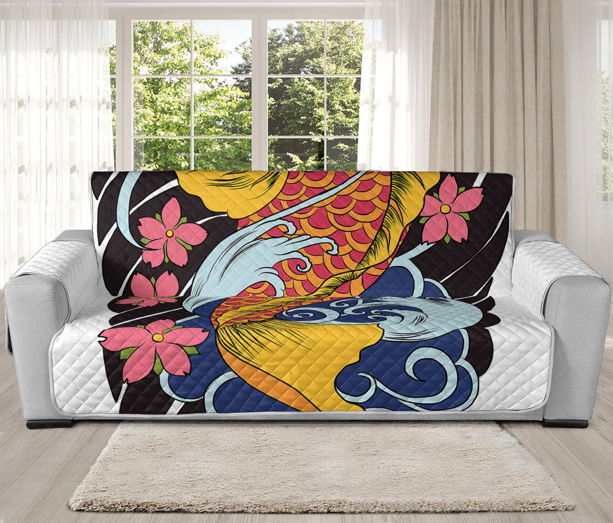 Japanese Koi And Flower Tattoo Print Oversized Sofa Protector