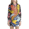 Japanese Koi And Flower Tattoo Print Pullover Hoodie Dress