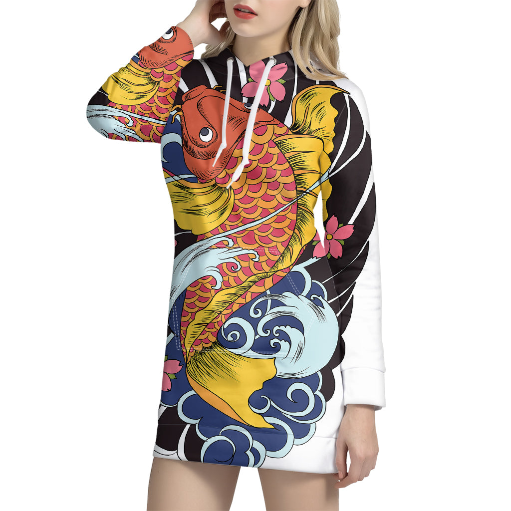 Japanese Koi And Flower Tattoo Print Pullover Hoodie Dress