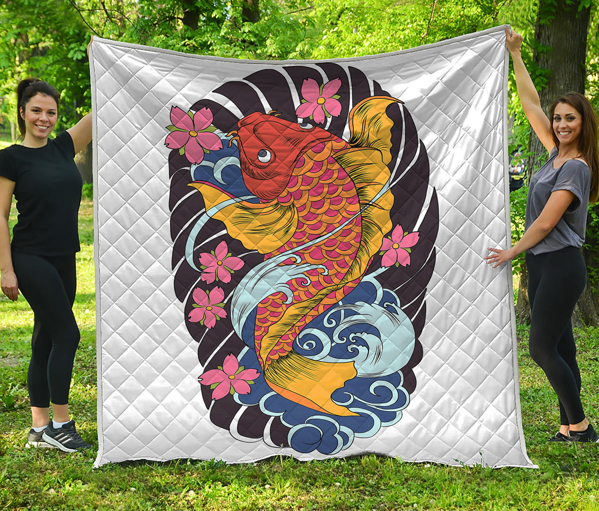 Japanese Koi And Flower Tattoo Print Quilt