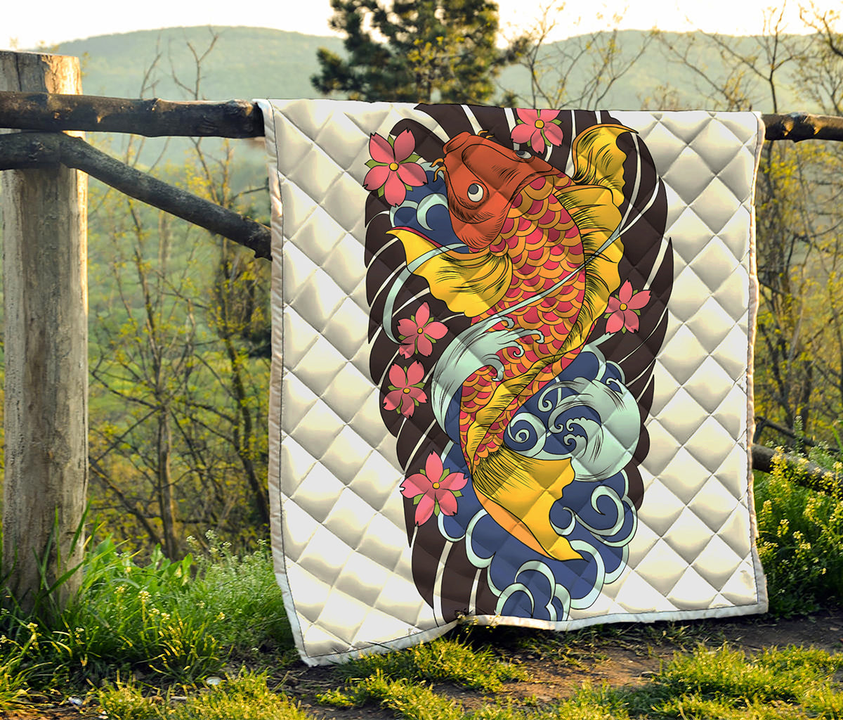 Japanese Koi And Flower Tattoo Print Quilt