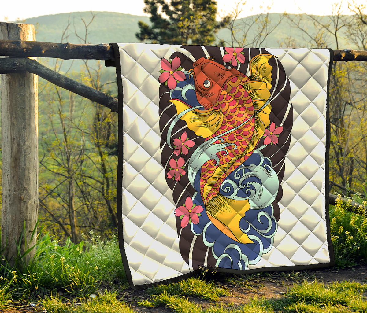 Japanese Koi And Flower Tattoo Print Quilt