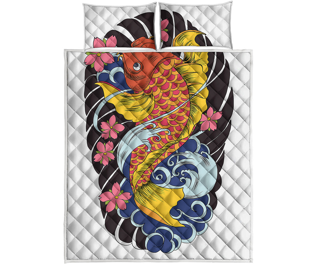 Japanese Koi And Flower Tattoo Print Quilt Bed Set