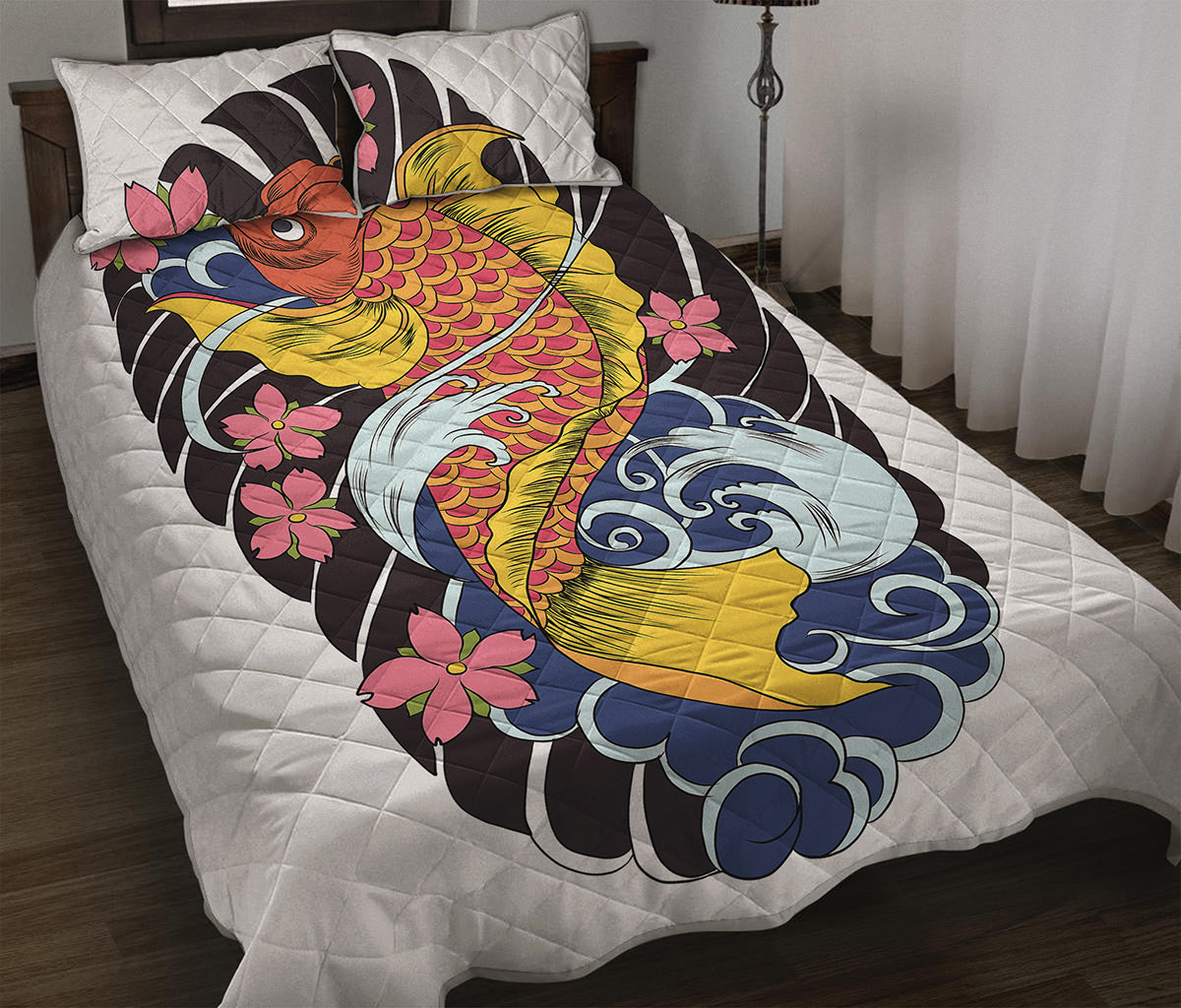 Japanese Koi And Flower Tattoo Print Quilt Bed Set