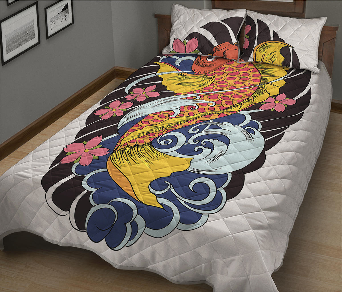 Japanese Koi And Flower Tattoo Print Quilt Bed Set