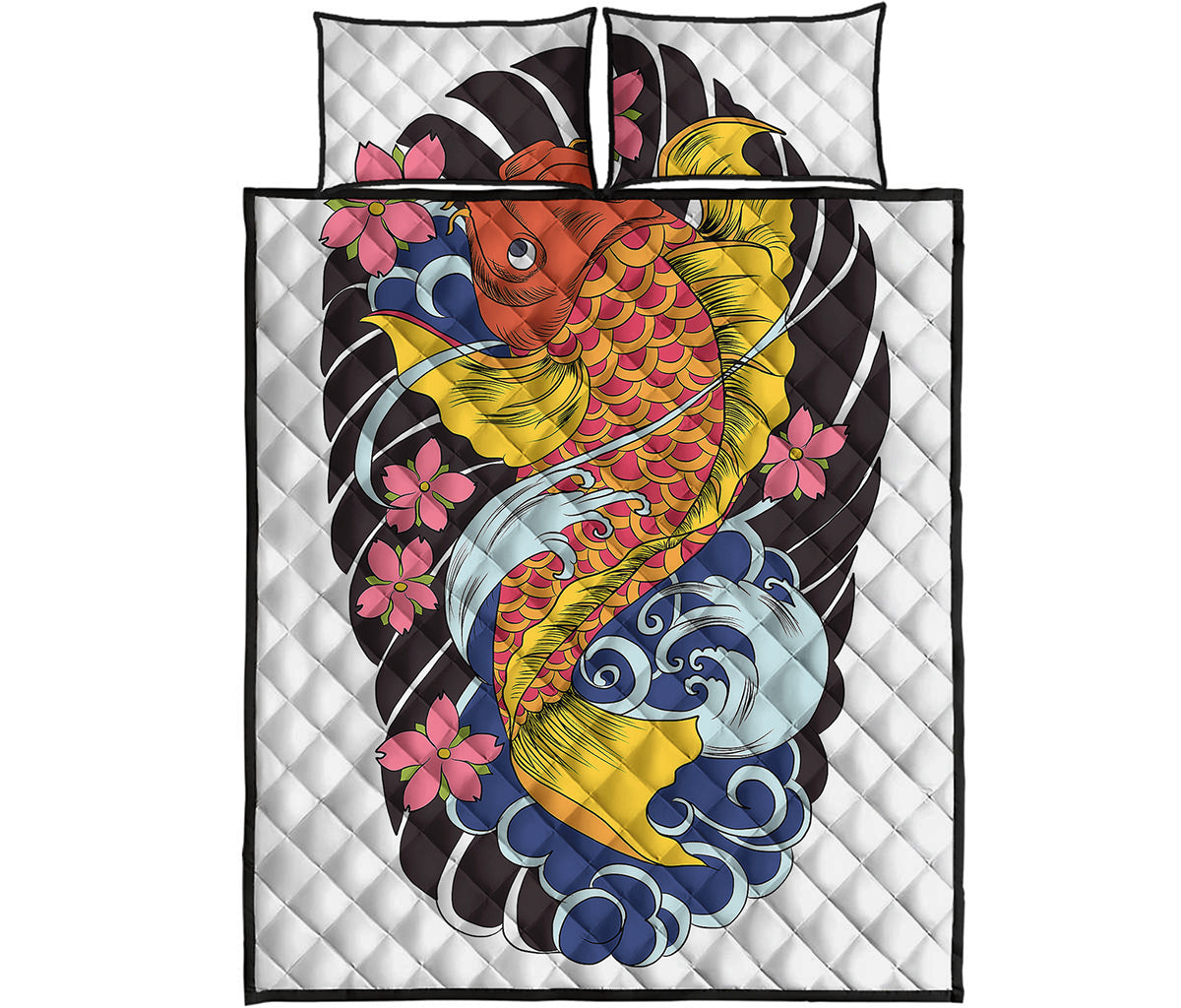 Japanese Koi And Flower Tattoo Print Quilt Bed Set