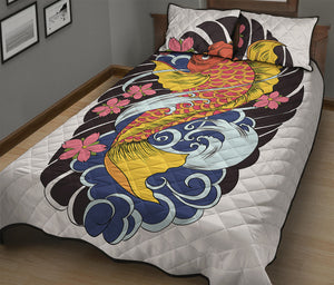 Japanese Koi And Flower Tattoo Print Quilt Bed Set