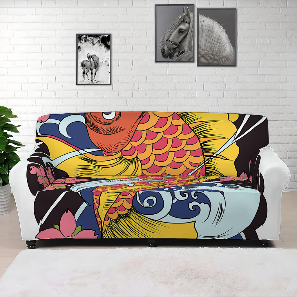 Japanese Koi And Flower Tattoo Print Sofa Cover