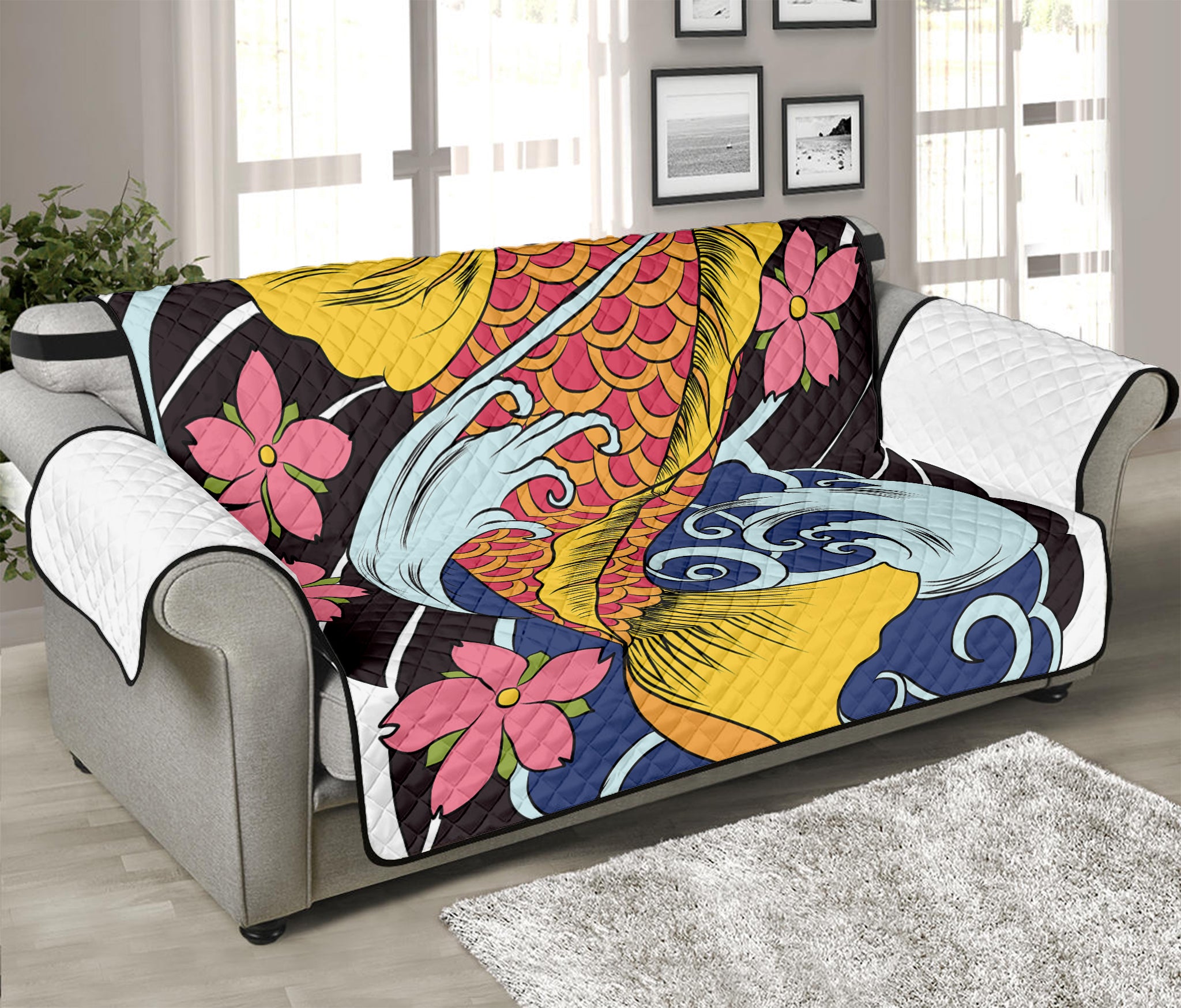 Japanese Koi And Flower Tattoo Print Sofa Protector