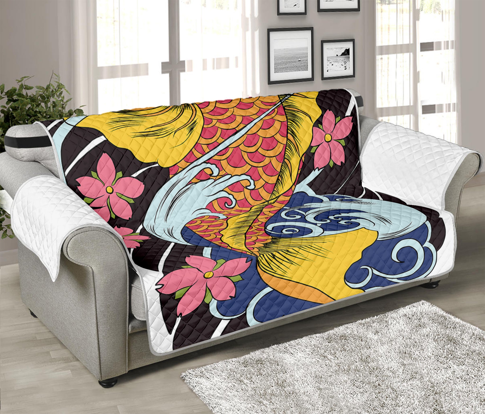 Japanese Koi And Flower Tattoo Print Sofa Protector