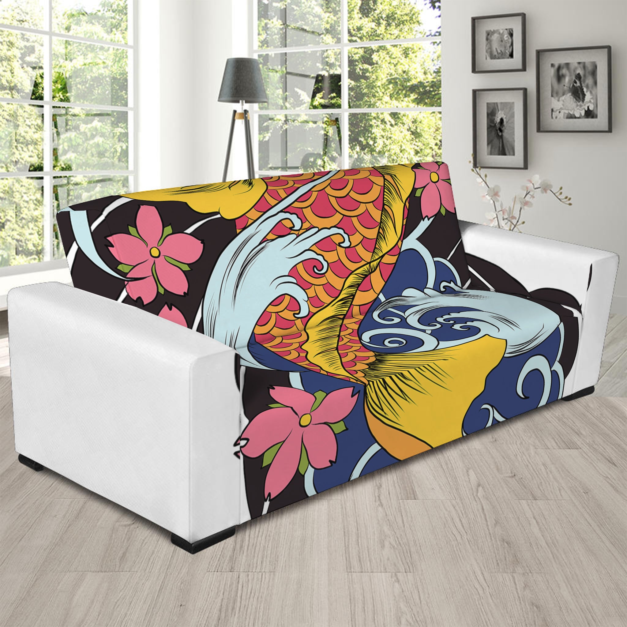 Japanese Koi And Flower Tattoo Print Sofa Slipcover