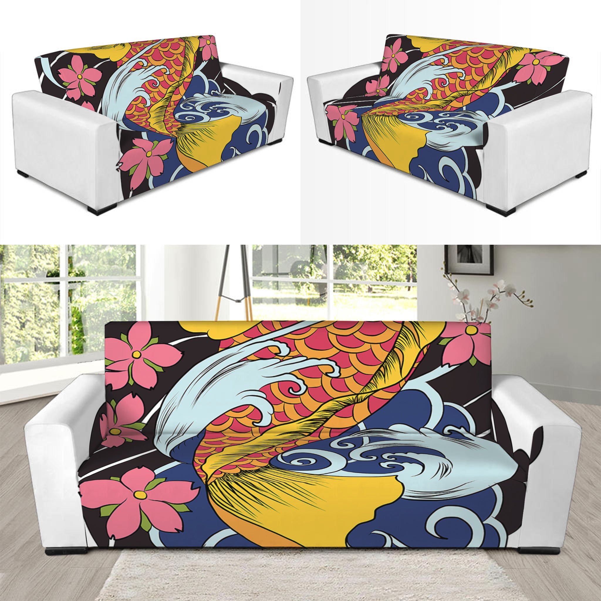 Japanese Koi And Flower Tattoo Print Sofa Slipcover