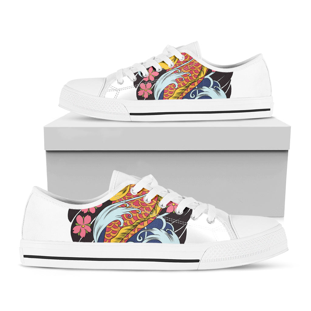 Japanese Koi And Flower Tattoo Print White Low Top Shoes