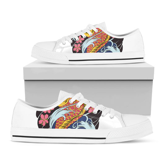 Japanese Koi And Flower Tattoo Print White Low Top Shoes