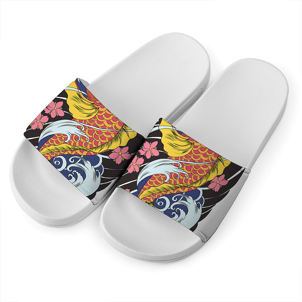 Japanese Koi And Flower Tattoo Print White Slide Sandals