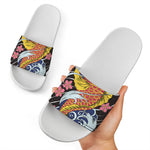 Japanese Koi And Flower Tattoo Print White Slide Sandals