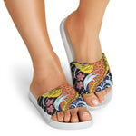 Japanese Koi And Flower Tattoo Print White Slide Sandals