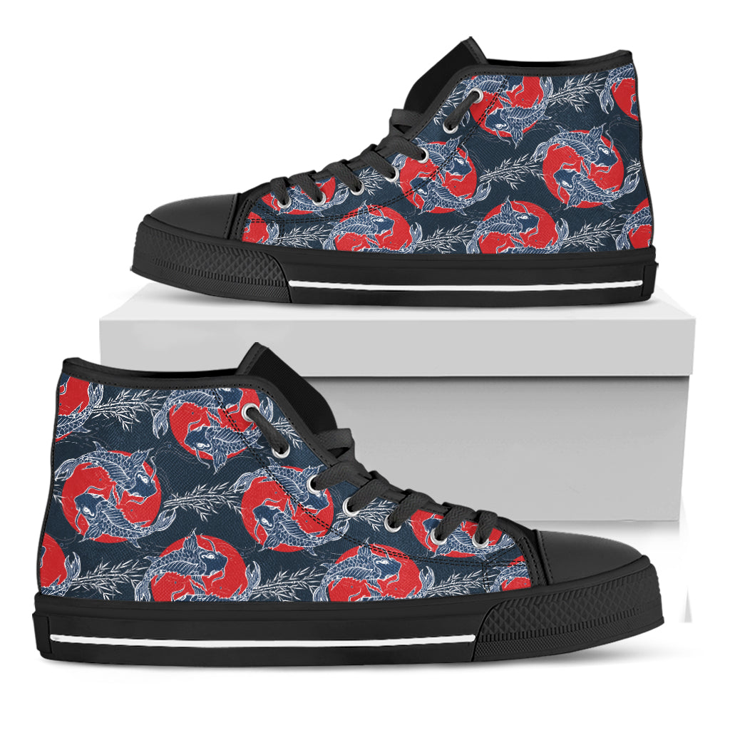 Japanese Koi Carp Fish Pattern Print Black High Top Shoes