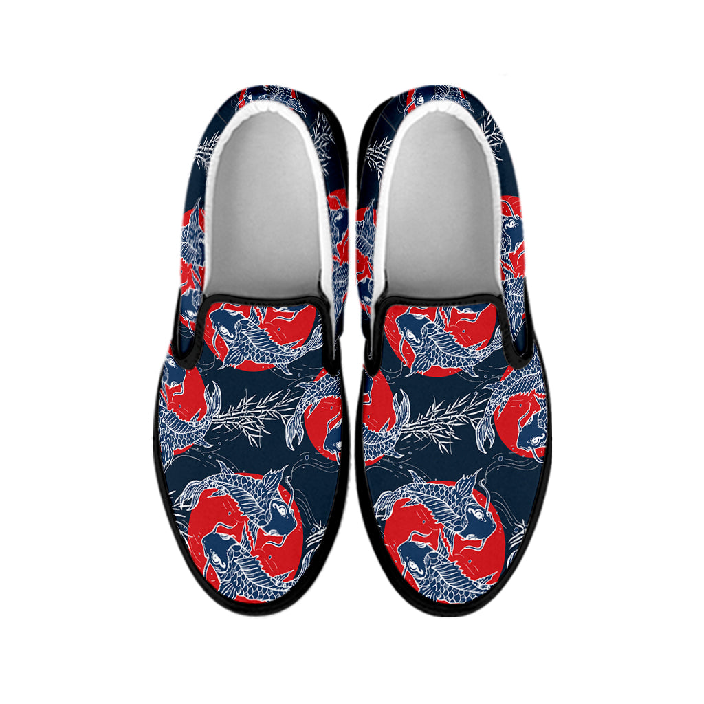 Japanese Koi Carp Fish Pattern Print Black Slip On Shoes