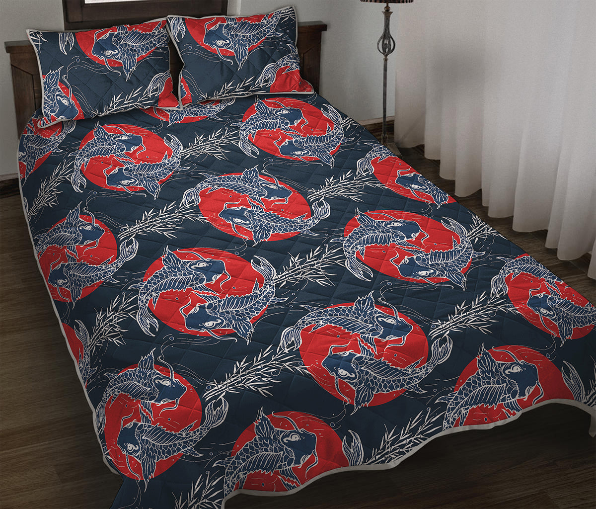 Japanese Koi Carp Fish Pattern Print Quilt Bed Set