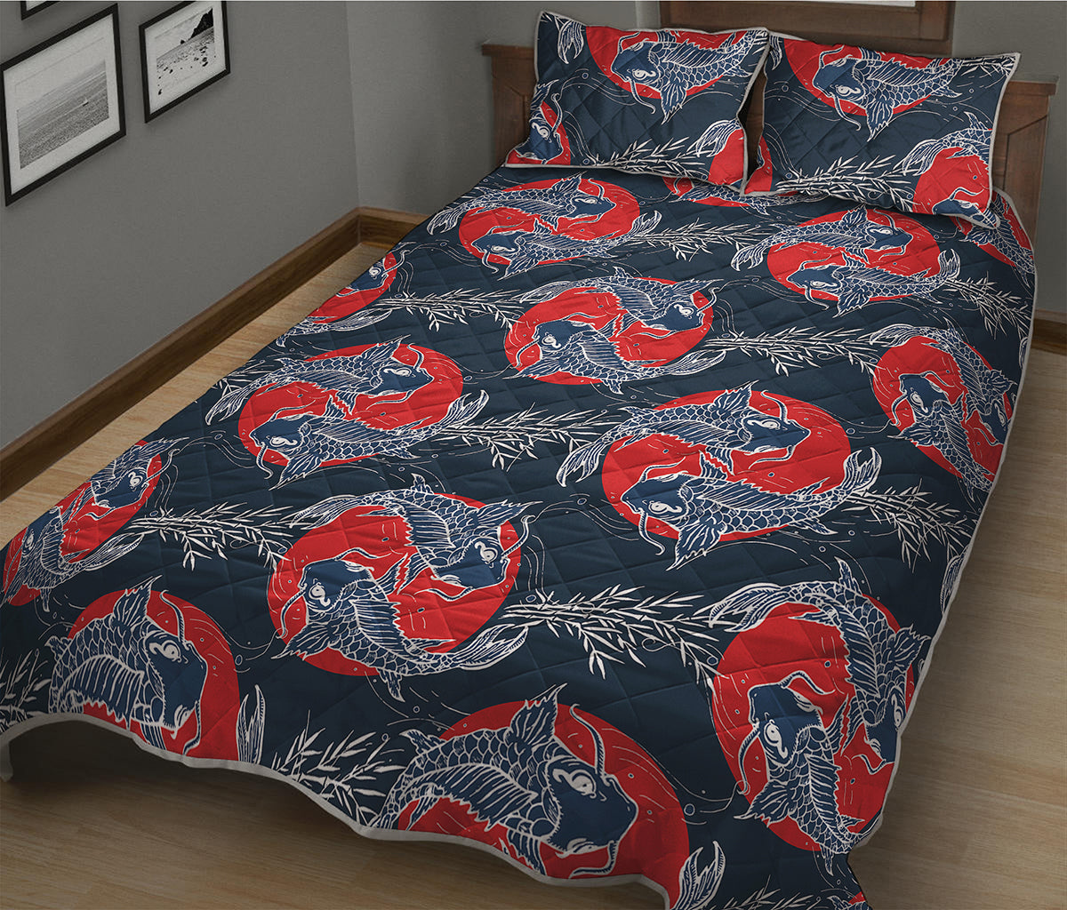 Japanese Koi Carp Fish Pattern Print Quilt Bed Set