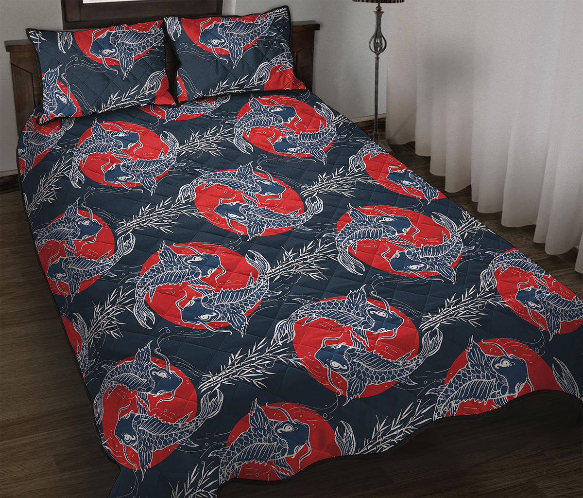 Japanese Koi Carp Fish Pattern Print Quilt Bed Set