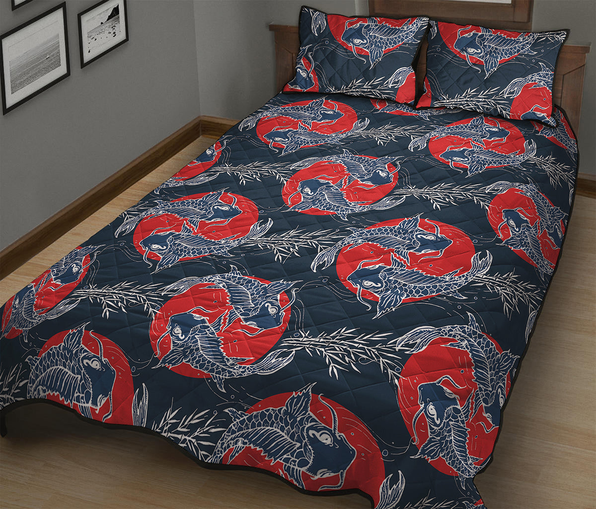 Japanese Koi Carp Fish Pattern Print Quilt Bed Set