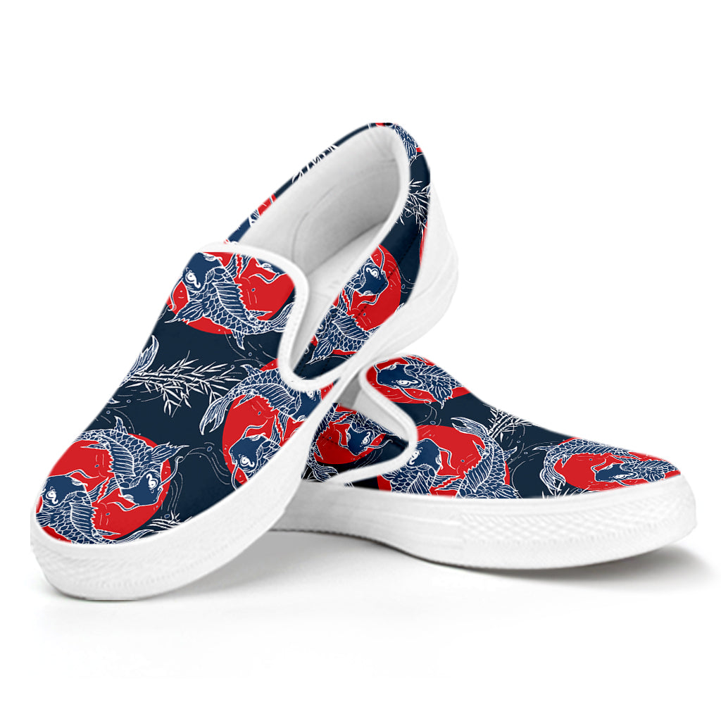 Japanese Koi Carp Fish Pattern Print White Slip On Shoes