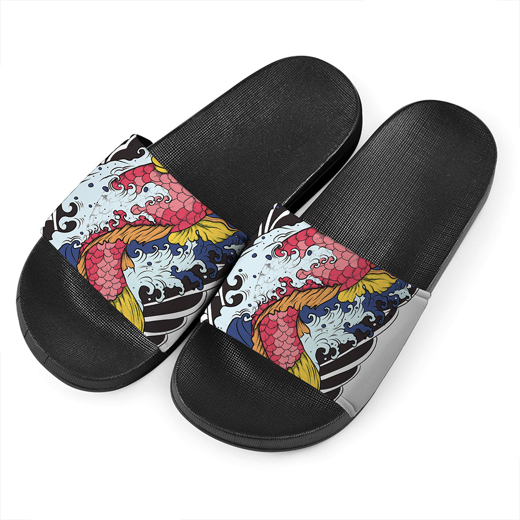 Japanese Koi Carp Tattoo Print Black Slide Sandals