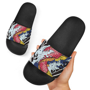 Japanese Koi Carp Tattoo Print Black Slide Sandals