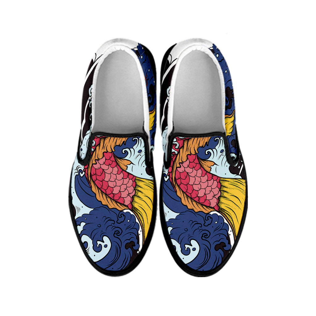 Japanese Koi Carp Tattoo Print Black Slip On Shoes