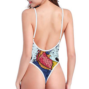 Japanese Koi Carp Tattoo Print High Cut One Piece Swimsuit