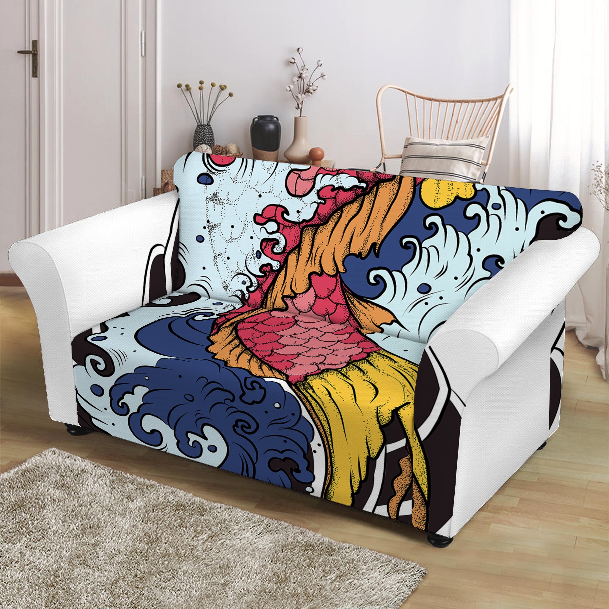 Japanese Koi Carp Tattoo Print Loveseat Slipcover