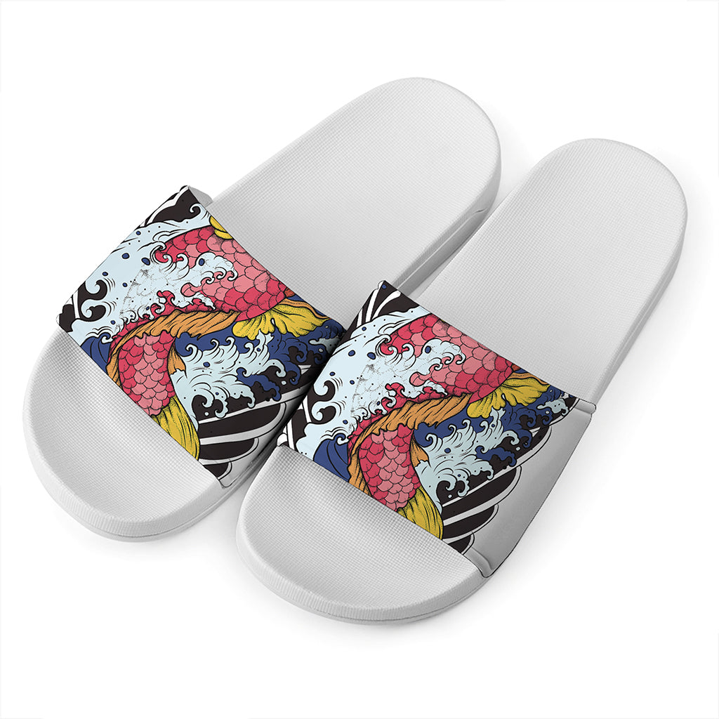 Japanese Koi Carp Tattoo Print White Slide Sandals