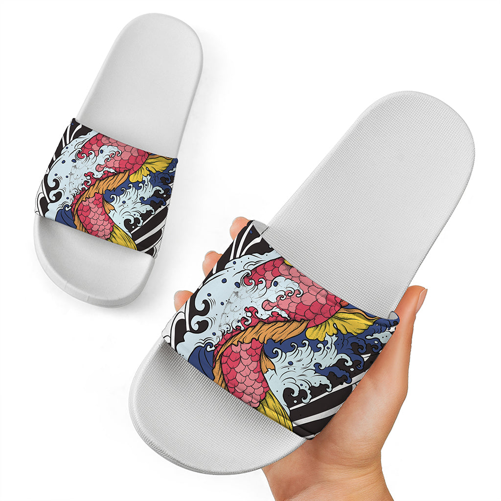 Japanese Koi Carp Tattoo Print White Slide Sandals