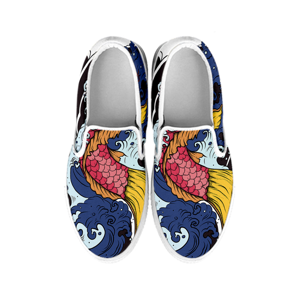 Japanese Koi Carp Tattoo Print White Slip On Shoes