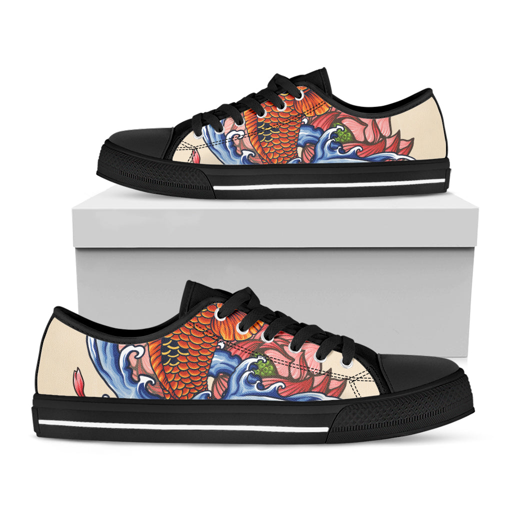 Japanese Koi Fish Tattoo Print Black Low Top Shoes 