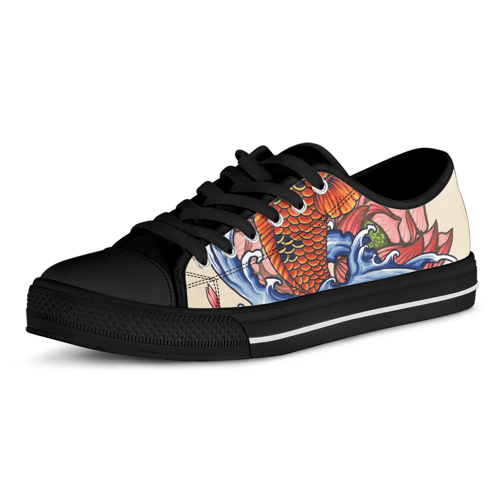 Japanese Koi Fish Tattoo Print Black Low Top Shoes 