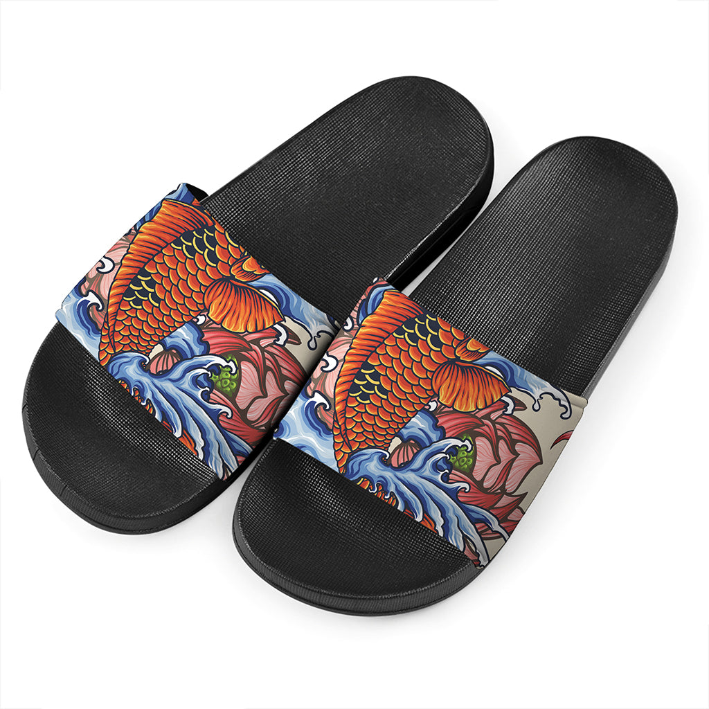 Japanese Koi Fish Tattoo Print Black Slide Sandals