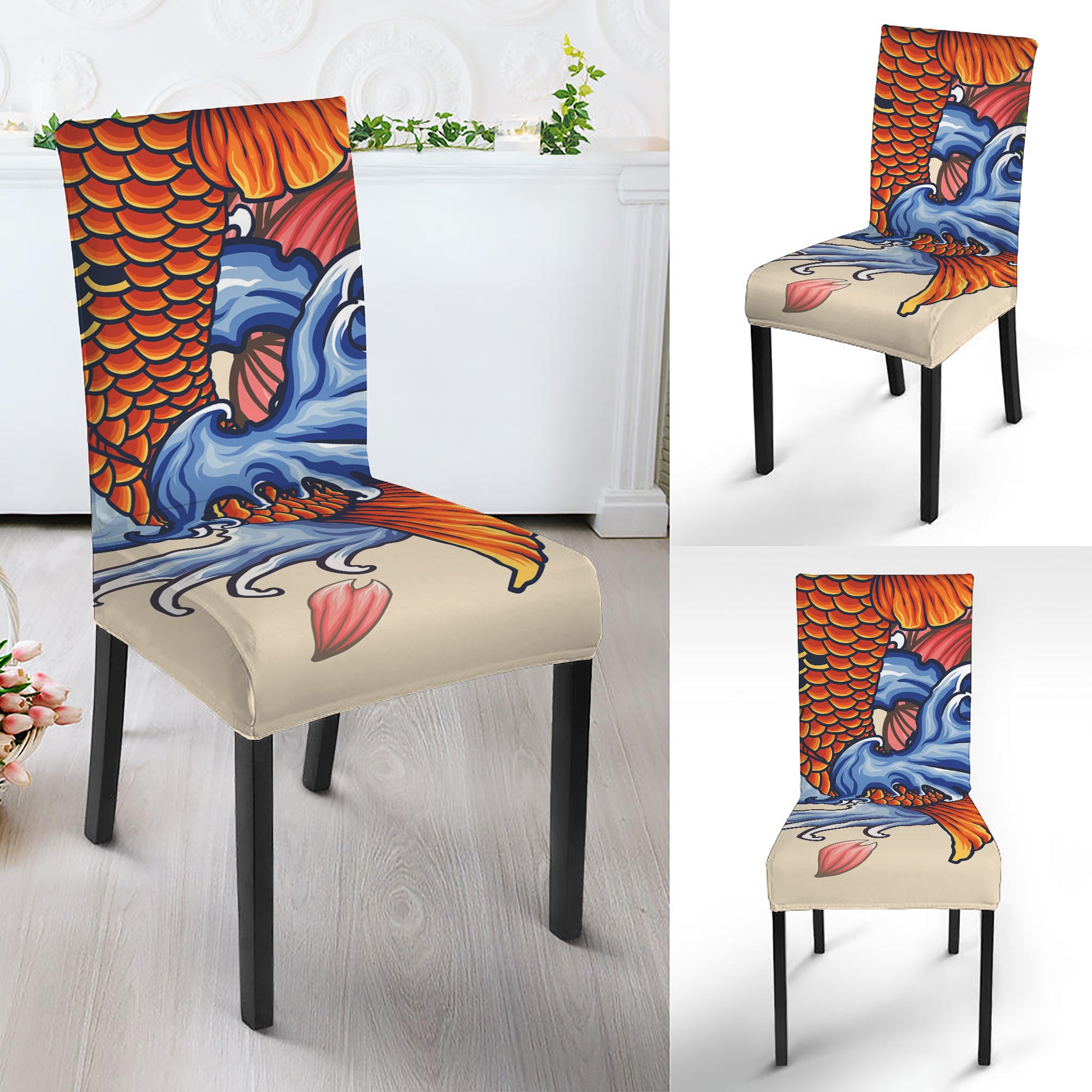 Japanese Koi Fish Tattoo Print Dining Chair Slipcover