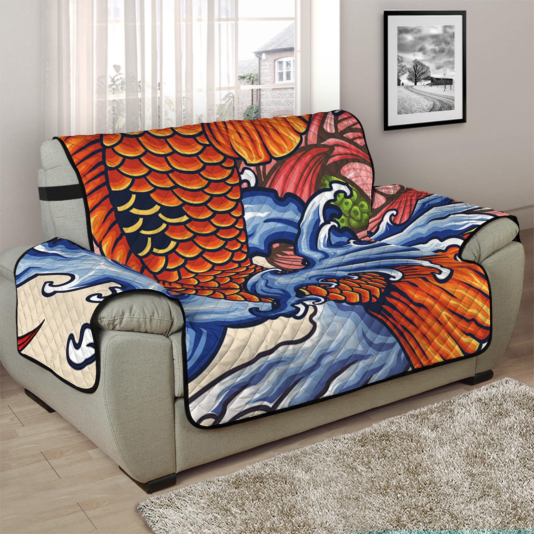 Japanese Koi Fish Tattoo Print Half Sofa Protector