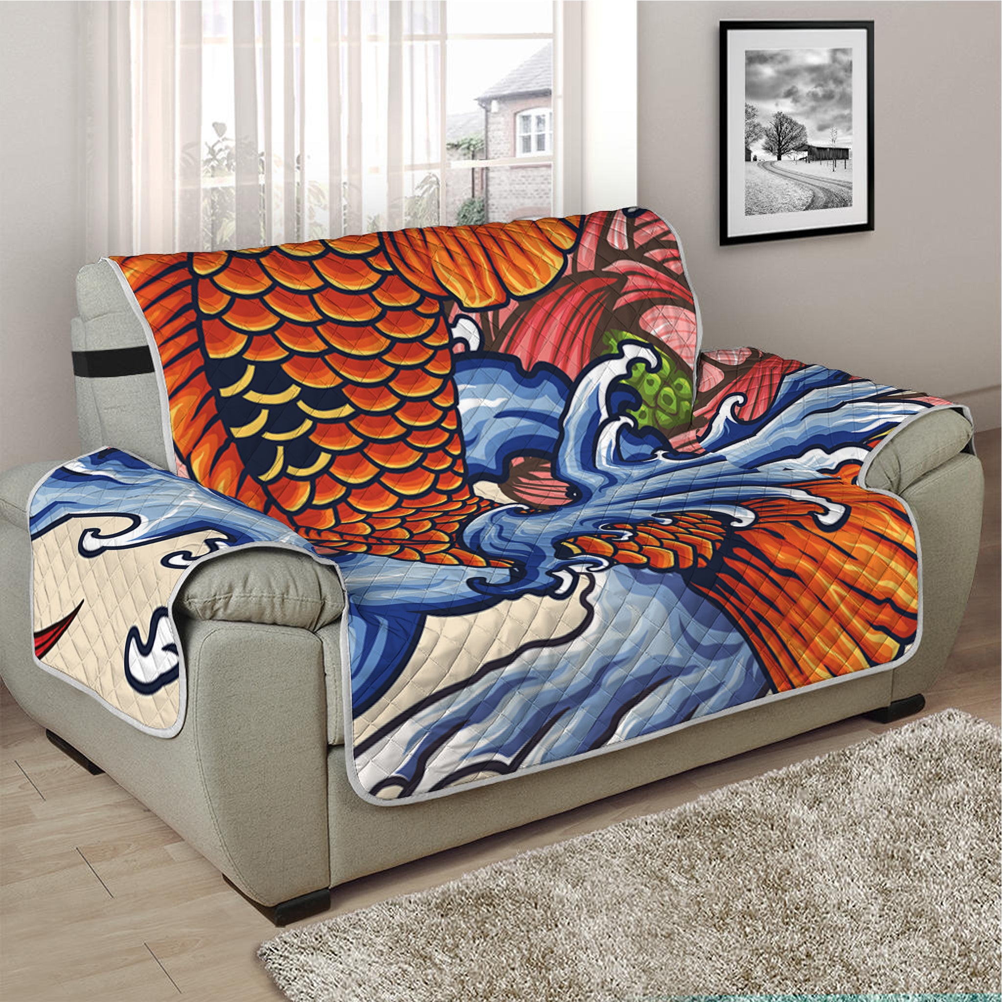 Japanese Koi Fish Tattoo Print Half Sofa Protector