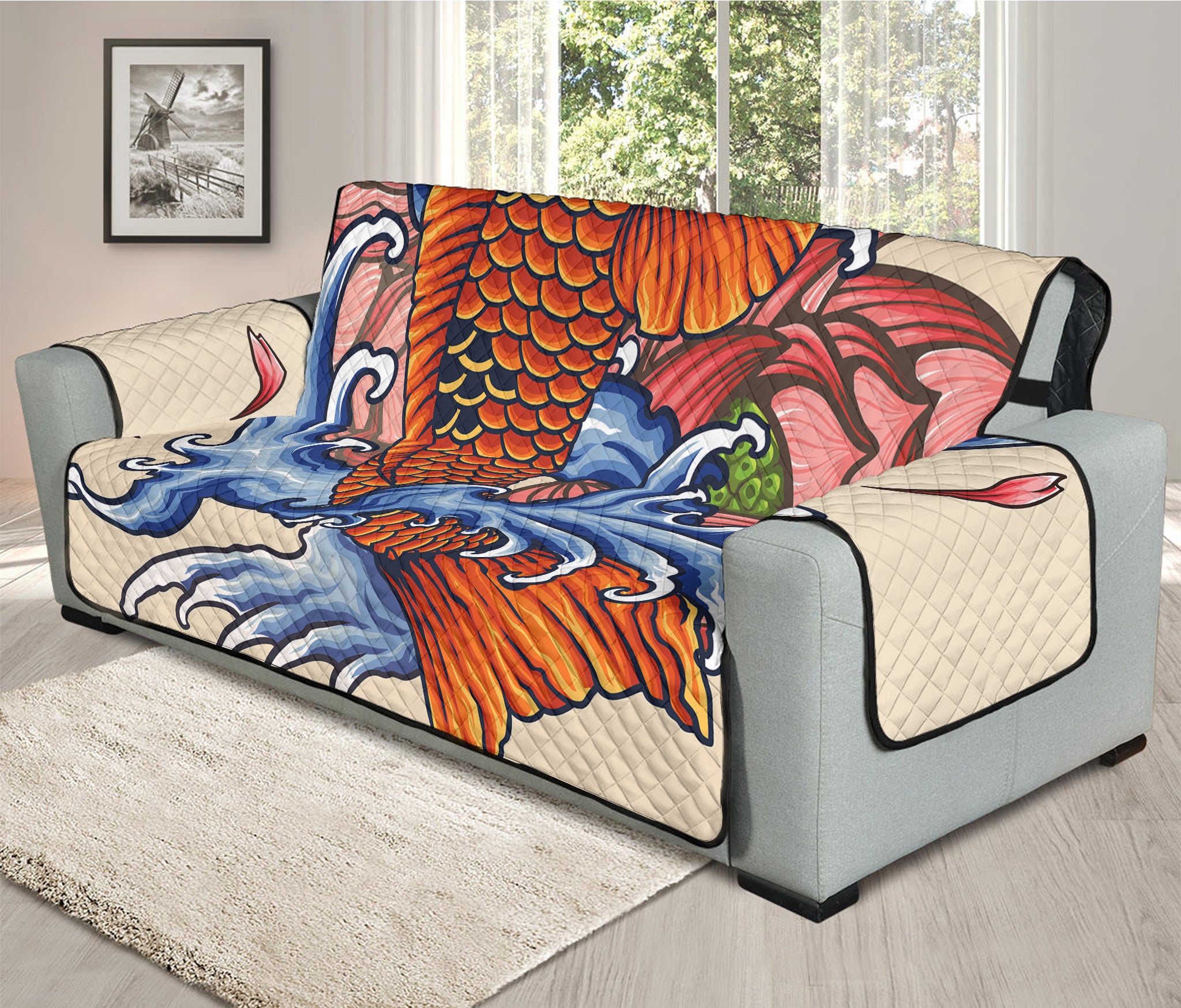 Japanese Koi Fish Tattoo Print Oversized Sofa Protector