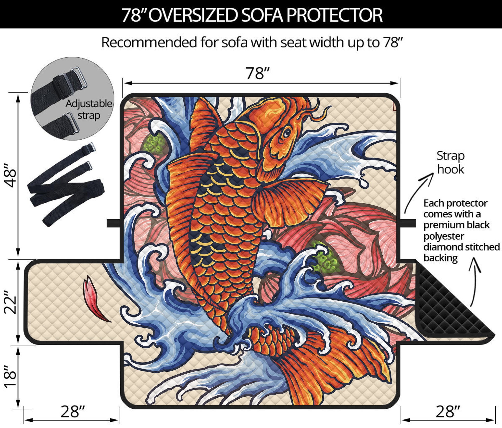 Japanese Koi Fish Tattoo Print Oversized Sofa Protector