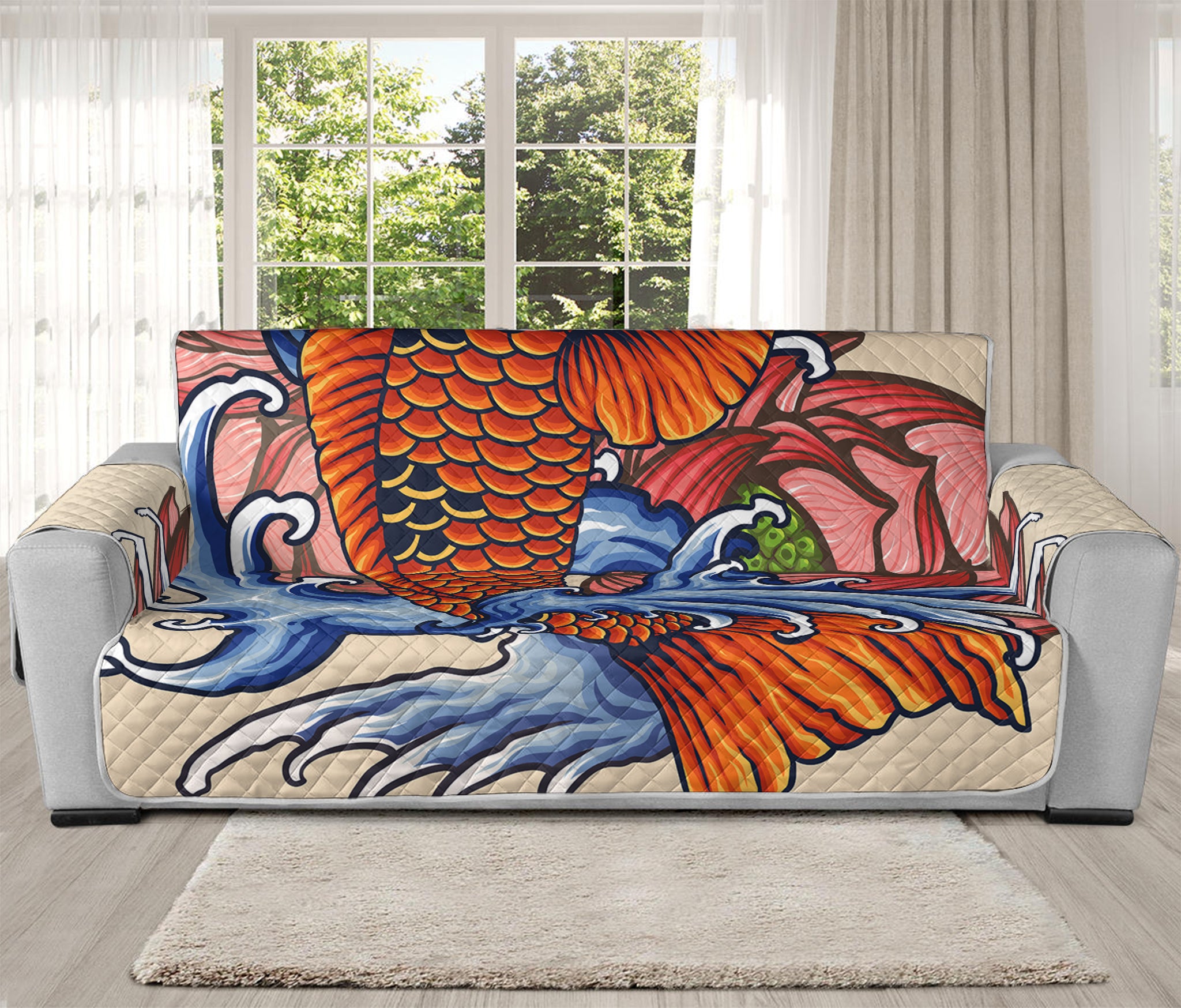 Japanese Koi Fish Tattoo Print Oversized Sofa Protector