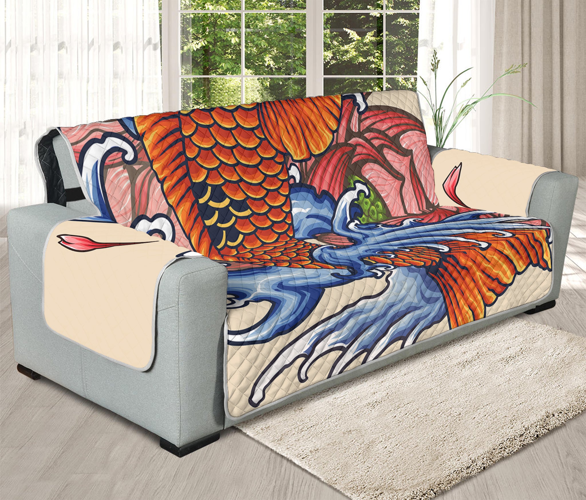 Japanese Koi Fish Tattoo Print Oversized Sofa Protector